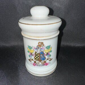 Porcelain Apothecary Jar Pulvis Gold Trim DOM Vintage Cotton